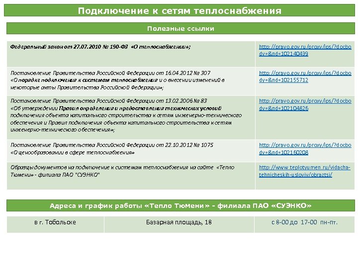 Подключение к сетям теплоснабжения Полезные ссылки Федеральный закон от 27. 07. 2010 № 190