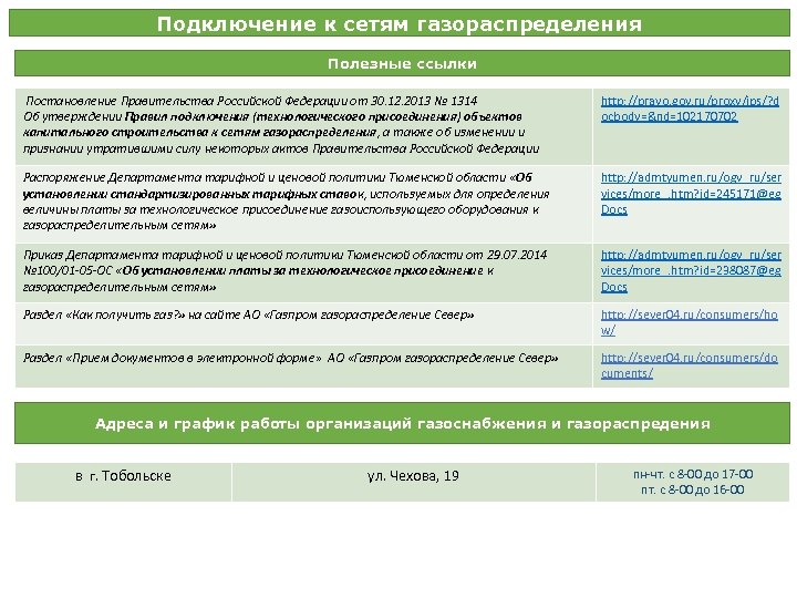 Подключение к сетям газораспределения Полезные ссылки Постановление Правительства Российской Федерации от 30. 12. 2013
