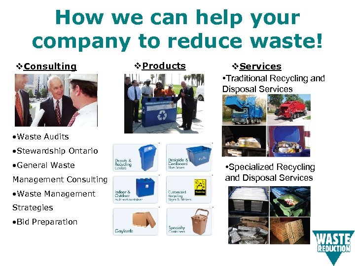 How we can help your company to reduce waste! v. Consulting v. Products v.