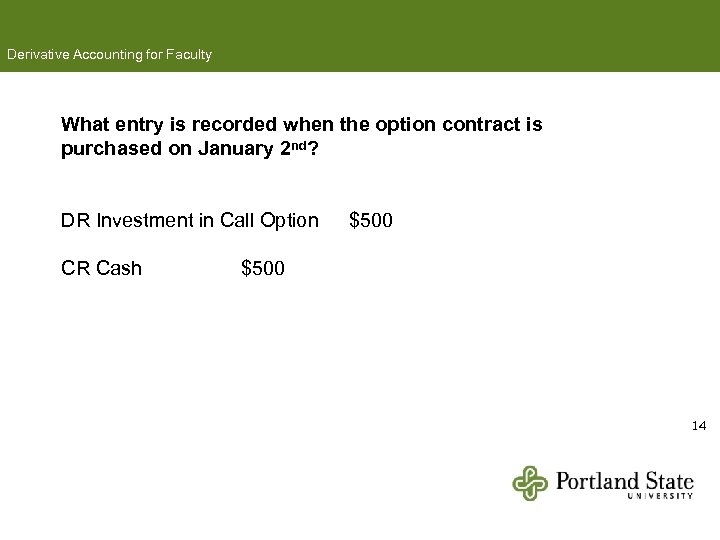Derivative Accounting for Faculty What entry is recorded when the option contract is purchased