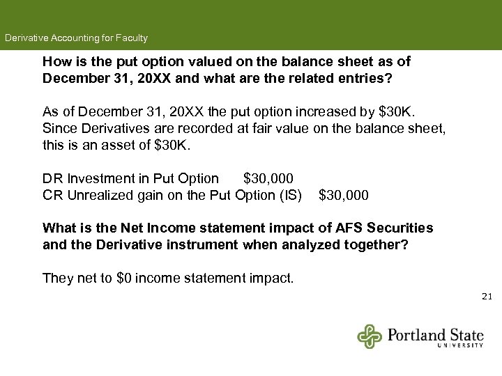 Derivative Accounting for Faculty How is the put option valued on the balance sheet