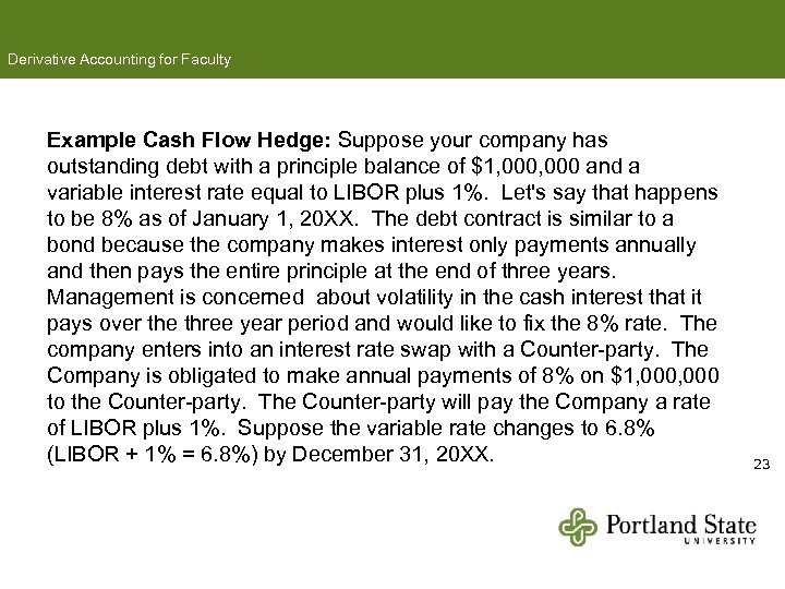 Derivative Accounting for Faculty Example Cash Flow Hedge: Suppose your company has outstanding debt
