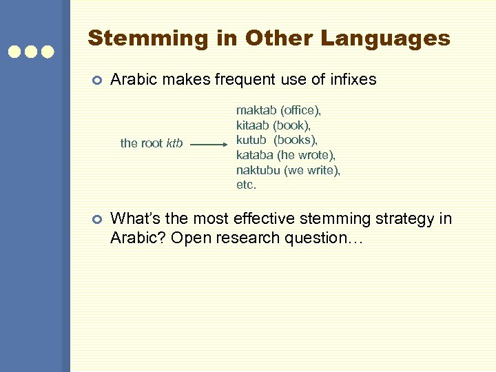 Stemming in Other Languages ¢ Arabic makes frequent use of infixes the root ktb