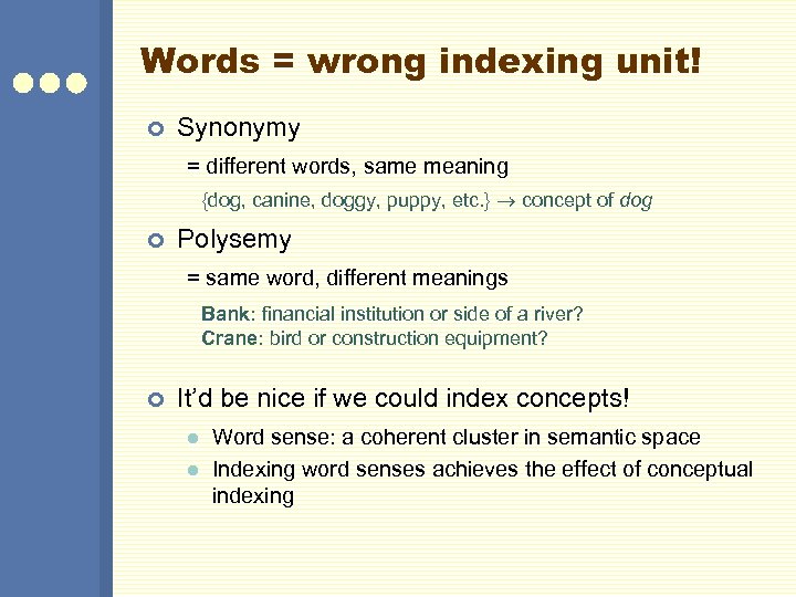 Words = wrong indexing unit! ¢ Synonymy = different words, same meaning {dog, canine,