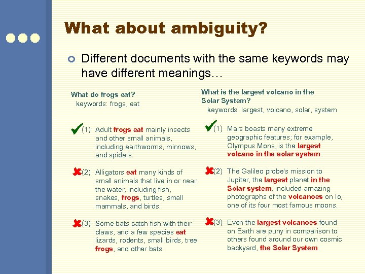 What about ambiguity? ¢ Different documents with the same keywords may have different meanings…