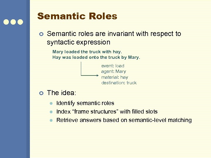 Semantic Roles ¢ Semantic roles are invariant with respect to syntactic expression Mary loaded