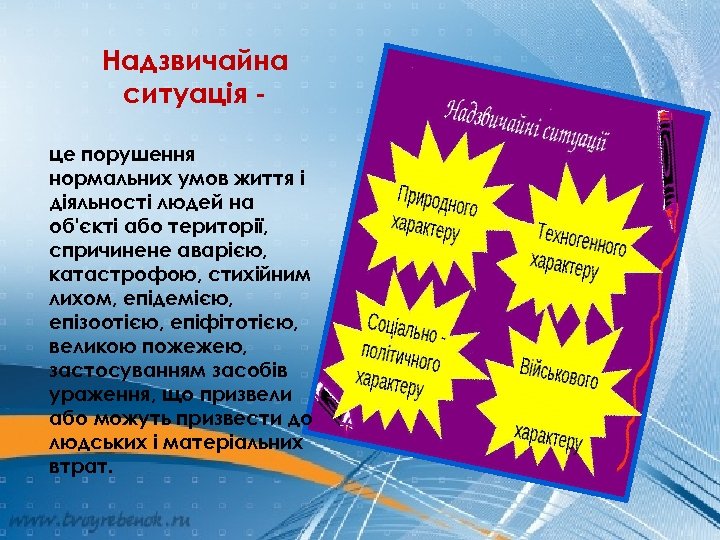 Надзвичайна ситуація це порушення нормальних умов життя і діяльності людей на об'єкті або території,