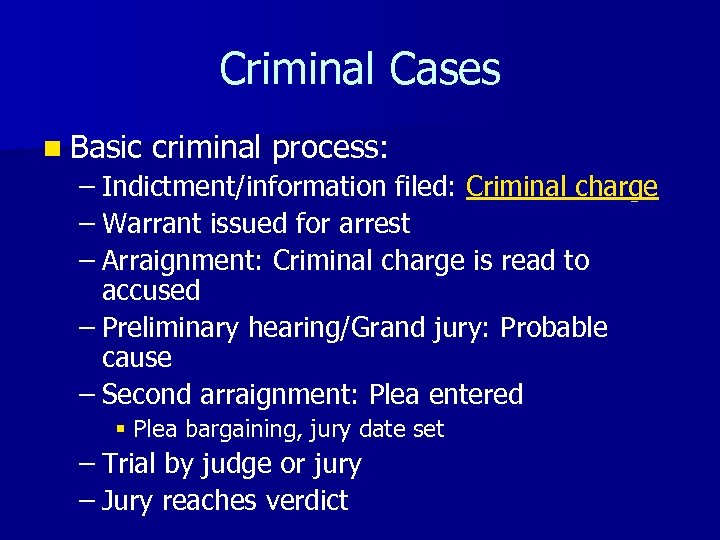 Criminal Cases n Basic criminal process: – Indictment/information filed: Criminal charge – Warrant issued