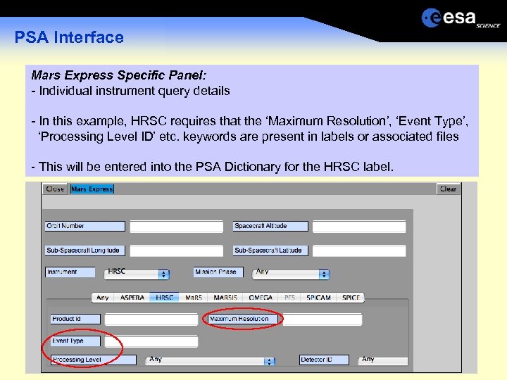 PSA Interface Mars Express Specific Panel: - Individual instrument query details - In this