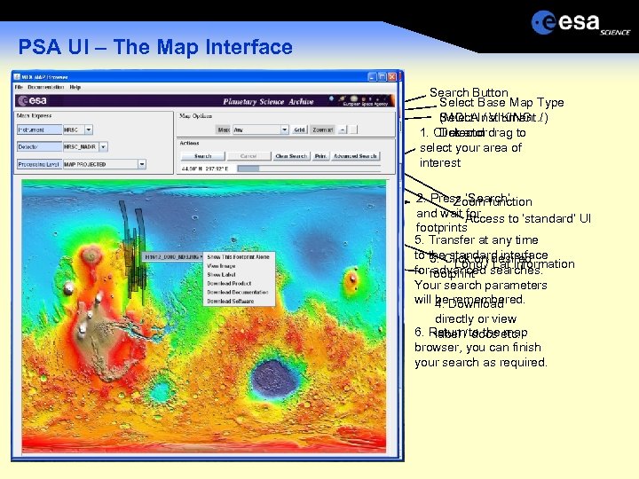 PSA UI – The Map Interface Search Button Select Base Map Type (MOLAInstrument /