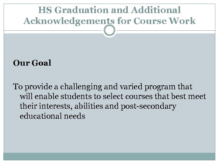 HS Graduation and Additional Acknowledgements for Course Work Our Goal To provide a challenging