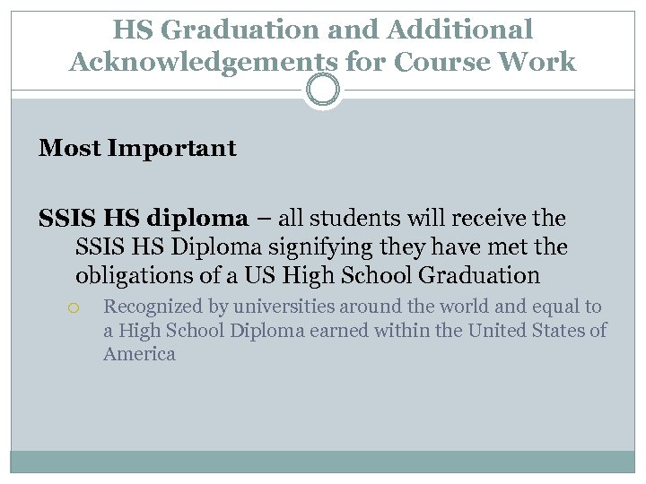 HS Graduation and Additional Acknowledgements for Course Work Most Important SSIS HS diploma –