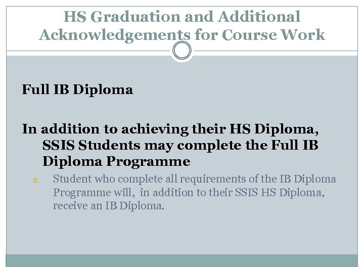 HS Graduation and Additional Acknowledgements for Course Work Full IB Diploma In addition to