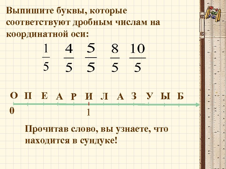 Выпишите буквы, которые соответствуют дробным числам на координатной оси: О П Е А Р