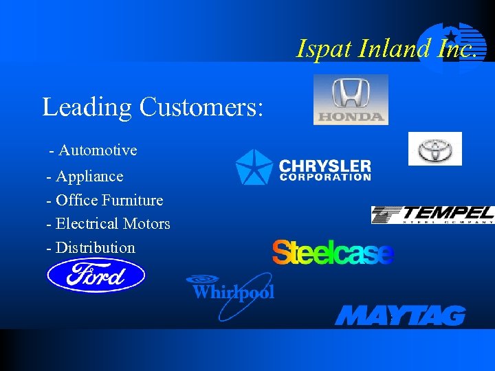 Ispat Inland Inc. Leading Customers: - Automotive - Appliance - Office Furniture - Electrical