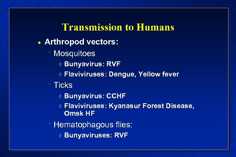 Transmission to Humans · Arthropod vectors: ¨ Mosquitoes à à ¨ Ticks à à