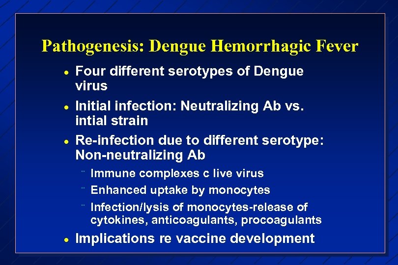 Pathogenesis: Dengue Hemorrhagic Fever · · · Four different serotypes of Dengue virus Initial