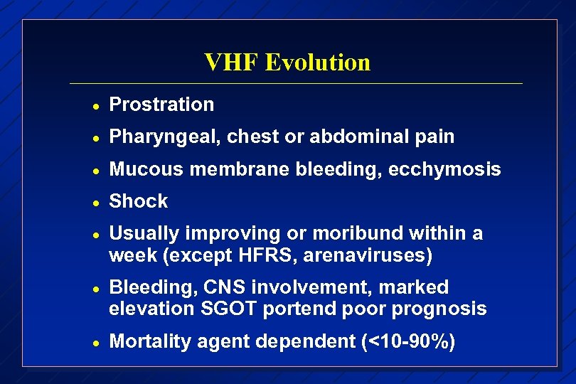 VHF Evolution · Prostration · Pharyngeal, chest or abdominal pain · Mucous membrane bleeding,
