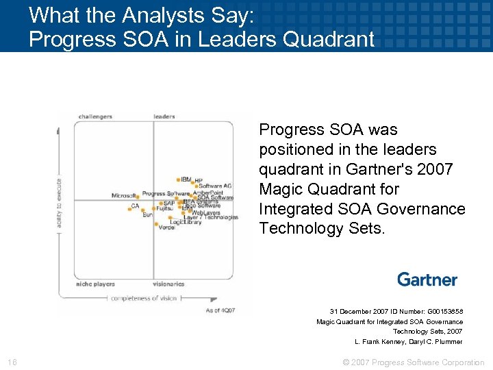 What the Analysts Say: Progress SOA in Leaders Quadrant Progress SOA was positioned in