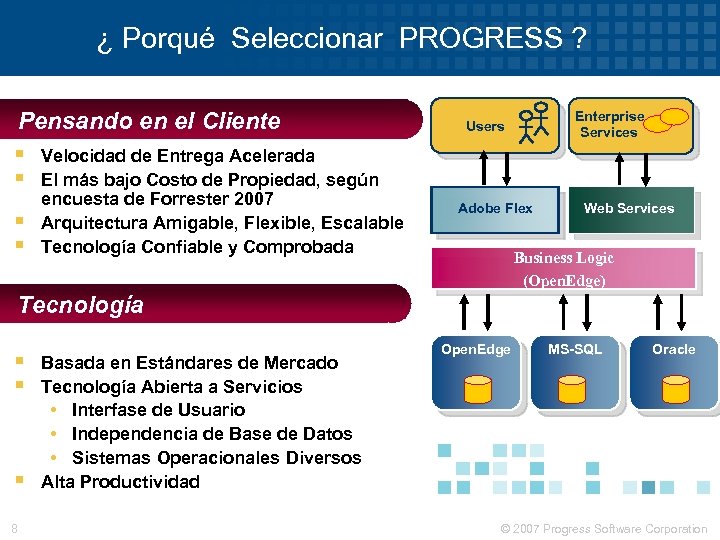 ¿ Porqué Seleccionar PROGRESS ? Pensando en el Cliente § Velocidad de Entrega Acelerada