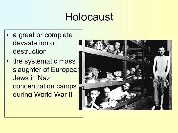Holocaust • a great or complete devastation or destruction • the systematic mass slaughter