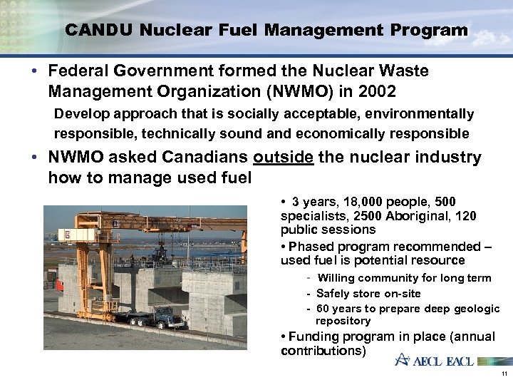 CANDU Nuclear Fuel Management Program • Federal Government formed the Nuclear Waste Management Organization