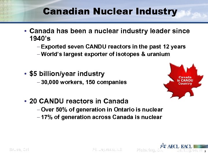 Canadian Nuclear Industry • Canada has been a nuclear industry leader since 1940’s –