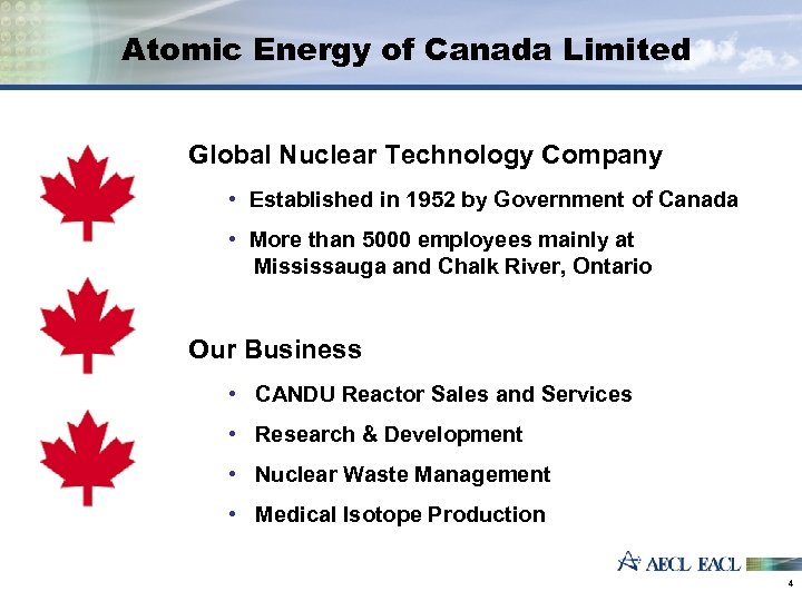 Atomic Energy of Canada Limited Global Nuclear Technology Company • Established in 1952 by