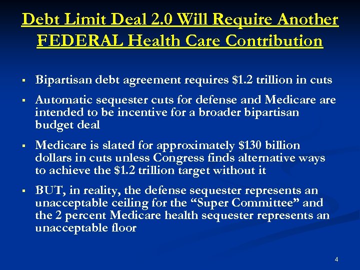 Debt Limit Deal 2. 0 Will Require Another FEDERAL Health Care Contribution § Bipartisan