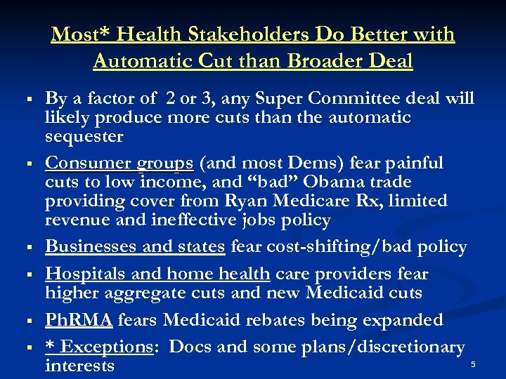 Most* Health Stakeholders Do Better with Automatic Cut than Broader Deal § § §