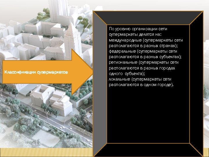 Классификации супермаркетов По уровню организации сети супермаркеты делятся на: международные (супермаркеты сети располагаются в