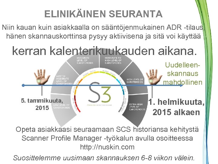 ELINIKÄINEN SEURANTA Niin kauan kuin asiakkaalla on sääntöjenmukainen ADR -tilaus, hänen skannauskorttinsa pysyy aktiivisena