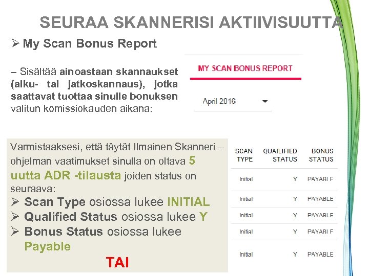 SEURAA SKANNERISI AKTIIVISUUTTA Ø My Scan Bonus Report – Sisältää ainoastaan skannaukset (alku- tai