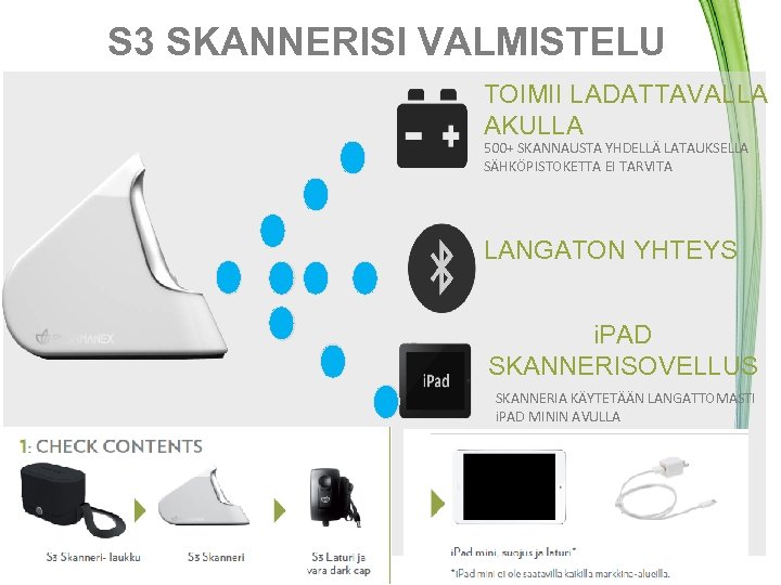 S 3 SKANNERISI VALMISTELU TOIMII LADATTAVALLA AKULLA 500+ SKANNAUSTA YHDELLÄ LATAUKSELLA SÄHKÖPISTOKETTA EI TARVITA