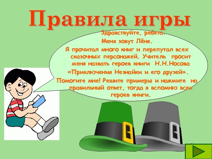 Правила игры Здравствуйте, ребята. Меня зовут Лёня. Я прочитал много книг и перепутал всех