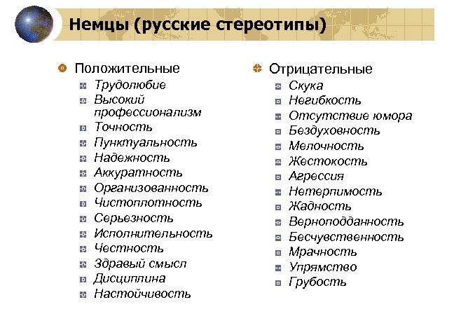 Немцы (русские стереотипы) Положительные Трудолюбие Высокий профессионализм Точность Пунктуальность Надежность Аккуратность Организованность Чистоплотность Серьезность