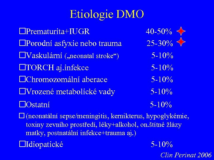 Etiologie DMO Prematurita+IUGR Porodní asfyxie nebo trauma Vaskulární („neonatal stroke“) TORCH aj. infekce Chromozomální