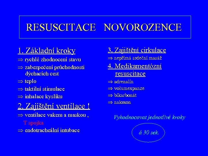 RESUSCITACE NOVOROZENCE 1. Základní kroky rychlé zhodnocení stavu zabezpečení průchodnosti dýchacích cest teplo taktilní