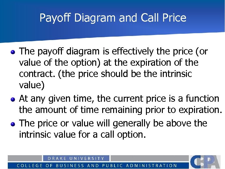 Payoff Diagram and Call Price The payoff diagram is effectively the price (or value