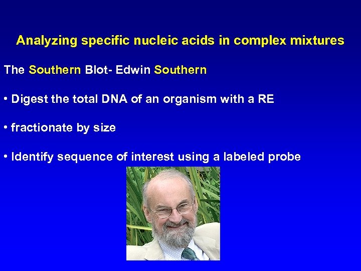 Analyzing specific nucleic acids in complex mixtures The Southern Blot- Edwin Southern • Digest