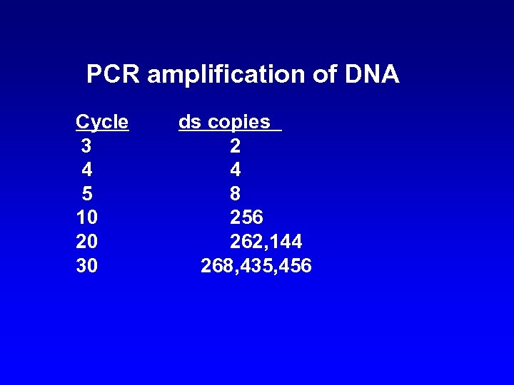 PCR amplification of DNA Cycle 3 4 5 10 20 30 ds copies 2