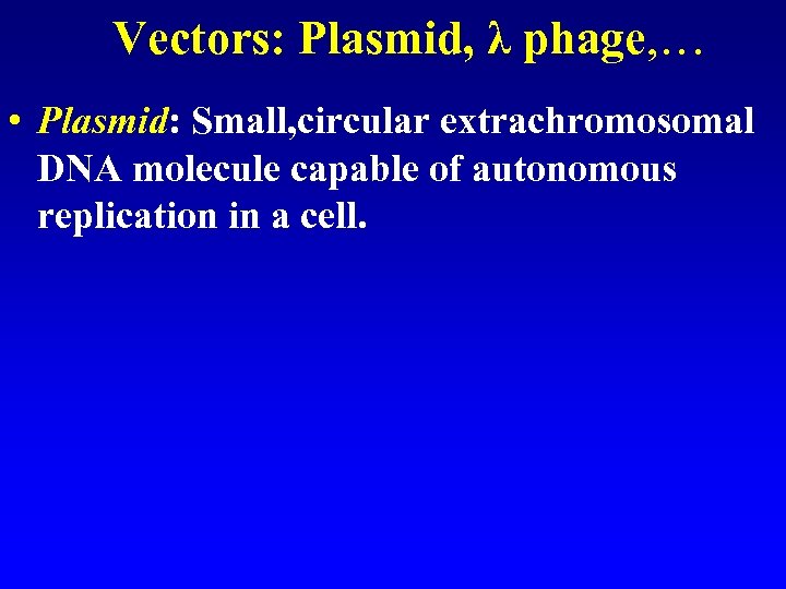 Vectors: Plasmid, λ phage, … • Plasmid: Small, circular extrachromosomal DNA molecule capable of