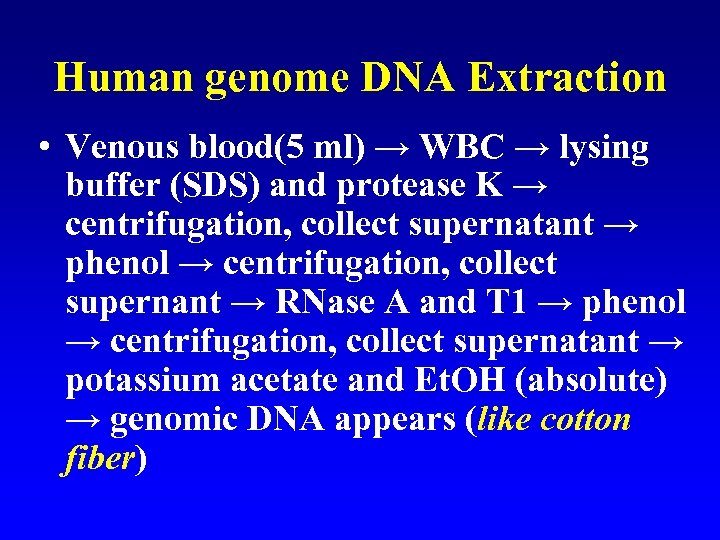 Human genome DNA Extraction • Venous blood(5 ml) → WBC → lysing buffer (SDS)