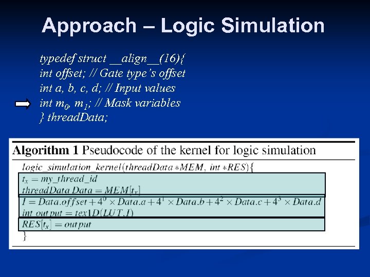 Approach – Logic Simulation typedef struct __align__(16){ int offset; // Gate type’s offset int