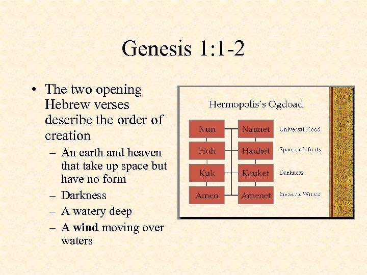 Genesis 1: 1 -2 • The two opening Hebrew verses describe the order of