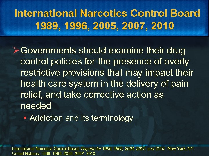 International Narcotics Control Board 1989, 1996, 2005, 2007, 2010 Ø Governments should examine their