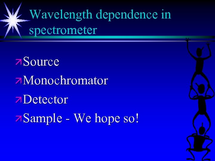 Wavelength dependence in spectrometer ä Source ä Monochromator ä Detector ä Sample - We