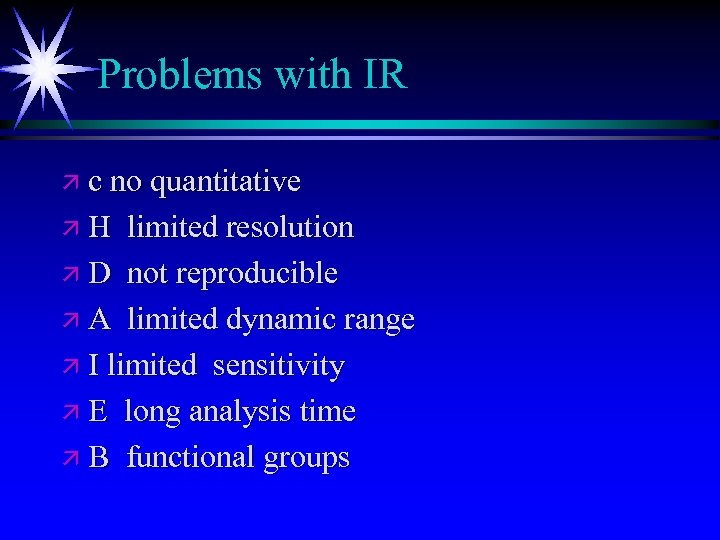 Problems with IR ä c no quantitative äH limited resolution ä D not reproducible