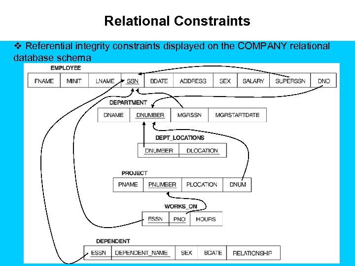 Relational Constraints v Referential integrity constraints displayed on the COMPANY relational database schema 