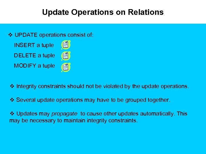 Update Operations on Relations v UPDATE operations consist of: INSERT a tuple DELETE a